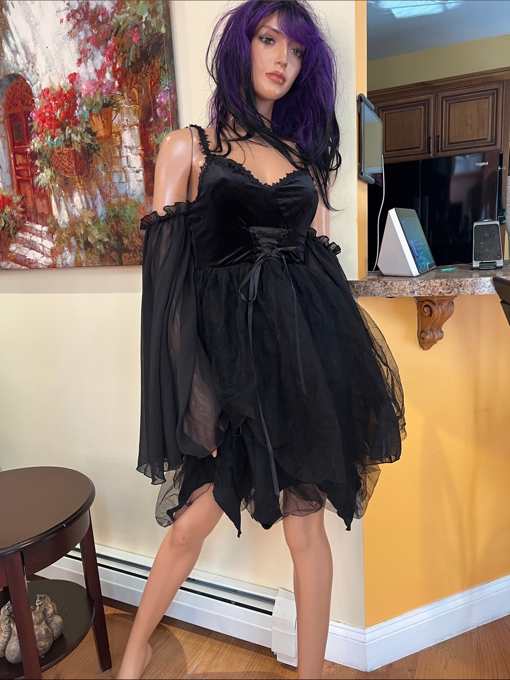 Goth gothic S  Black Layered Velvet & Chiffon Dress nwt